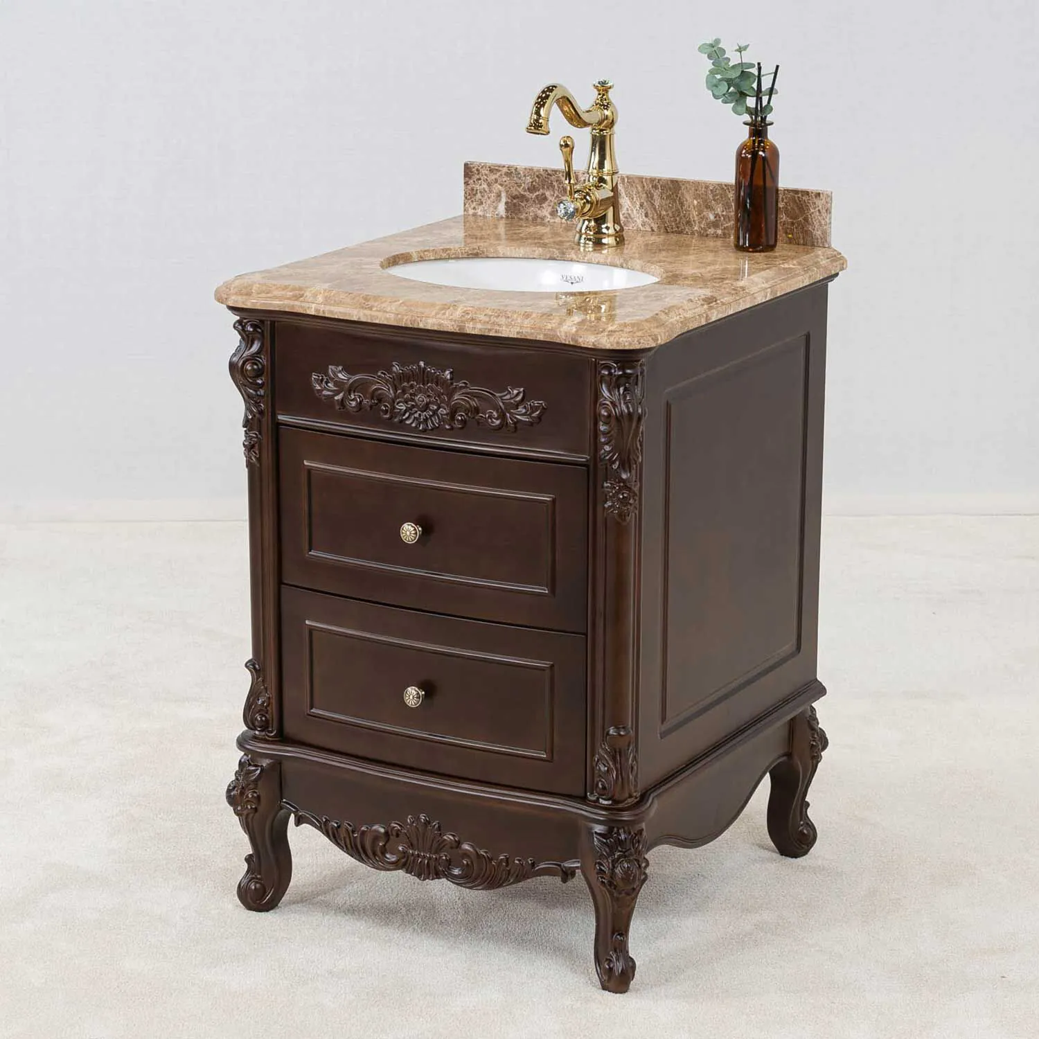 Kommod Badrum 60cm Ottawa Mörkbrun - Beige Marmor