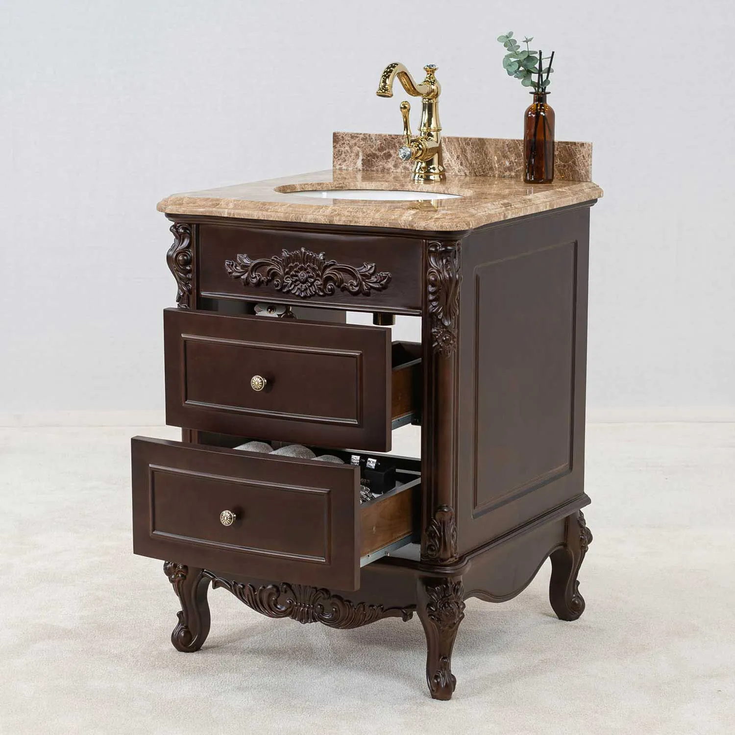 Kommod Badrum 60cm Ottawa Mörkbrun - Beige Marmor