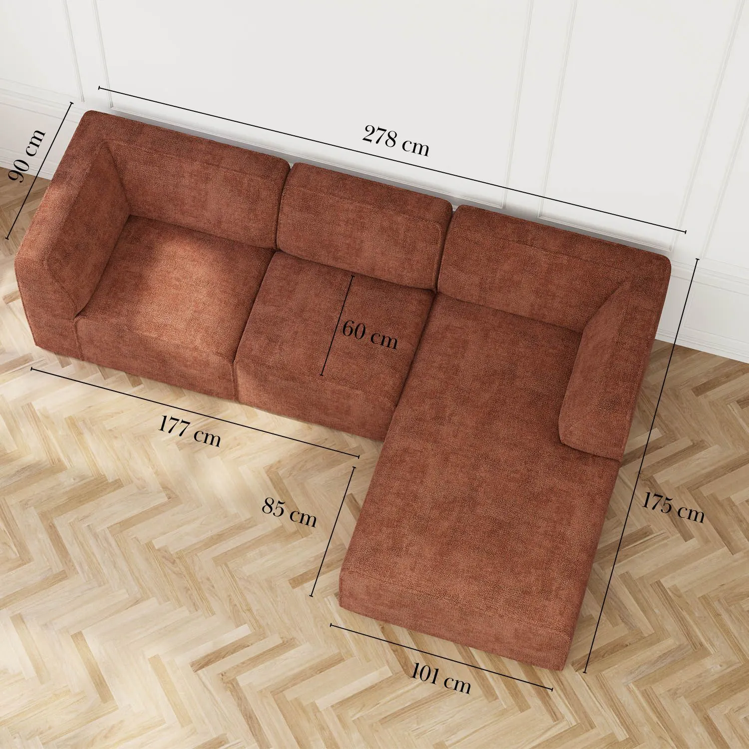 Divansoffa Höger 278cm Roströd - London