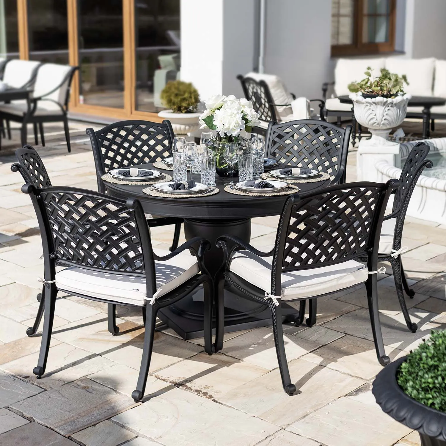 Matgrupp Utomhus Runt Bord Svart Aluminium 6 stolar - Salerno Ø122cm