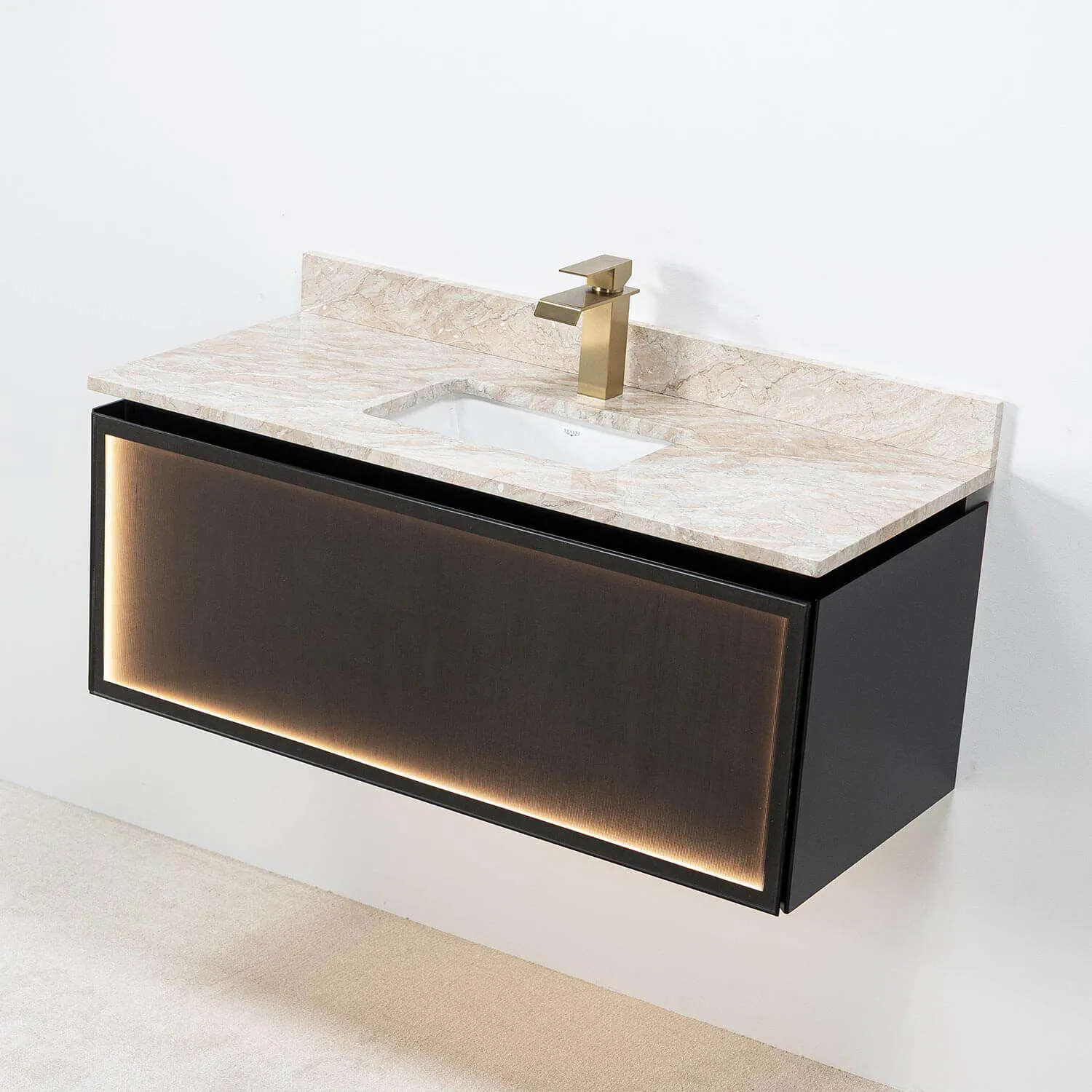 Badrumskommod Svart Valnöt 100cm Beige Marmor - Dallas