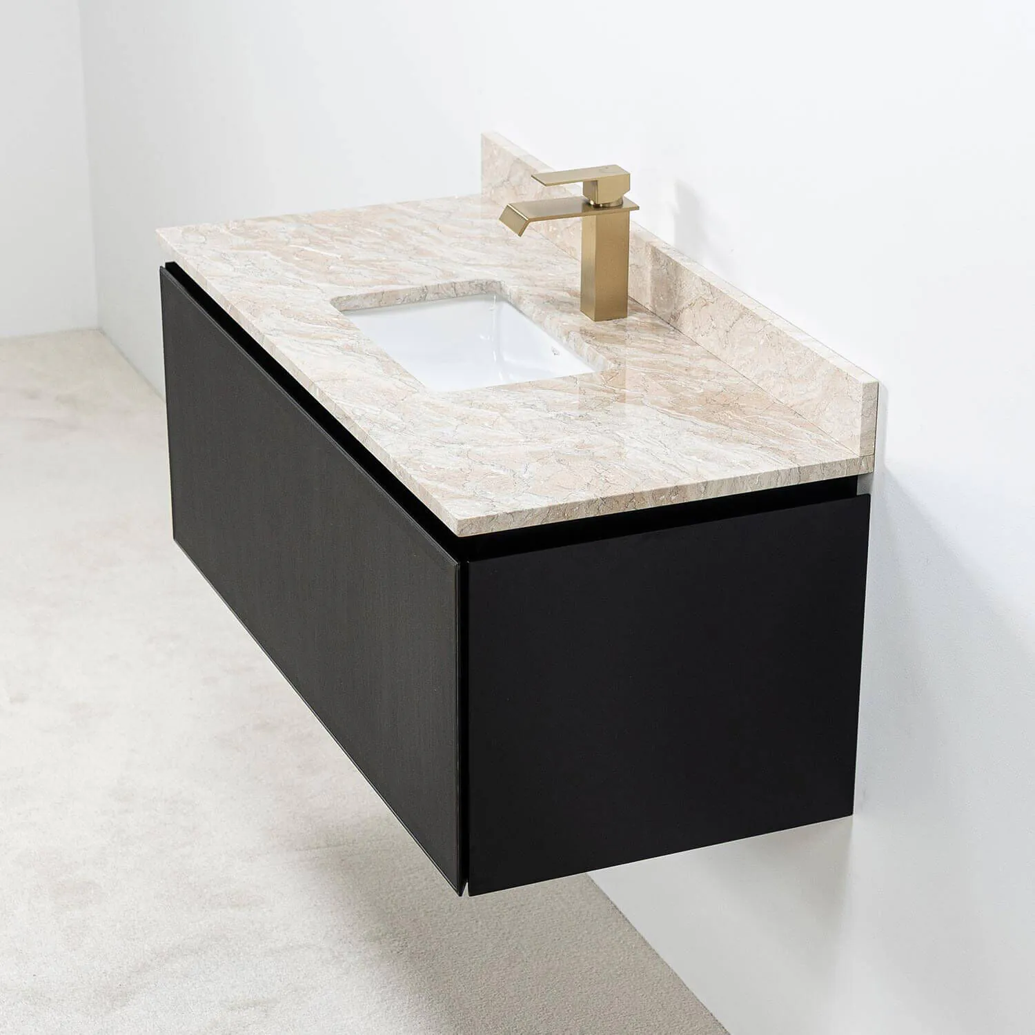 Badrumskommod Svart Valnöt 100cm Beige Marmor - Dallas