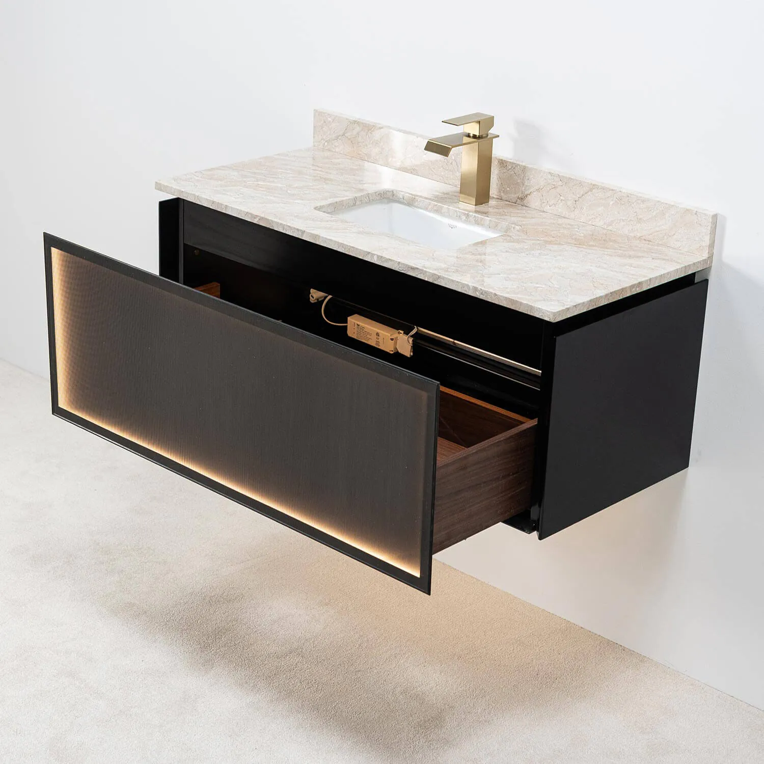 Badrumskommod Svart Valnöt 100cm Beige Marmor - Dallas