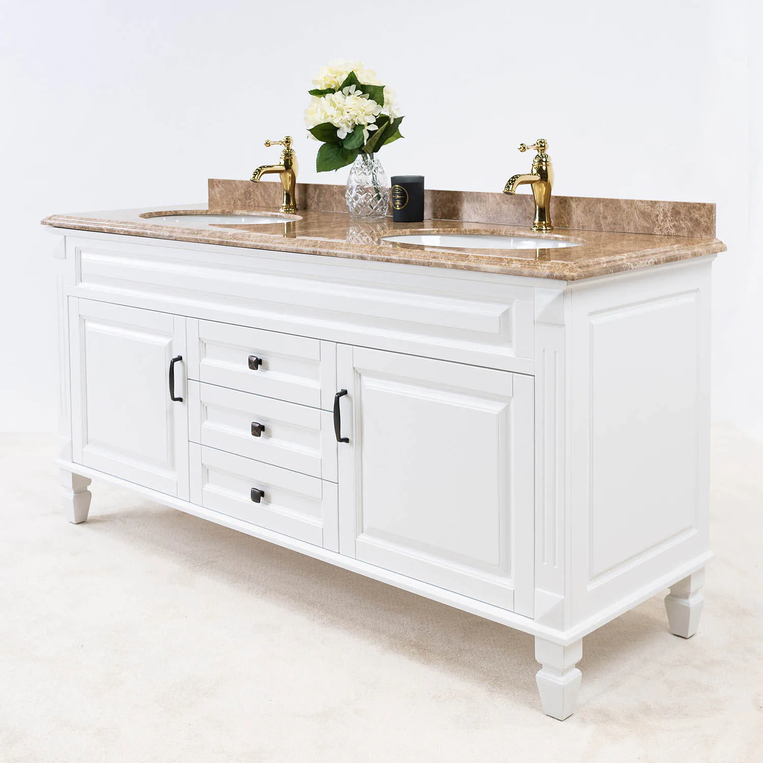 Dubbelhandfat Kommod 160cm Nashville Vit - Beige Marmor