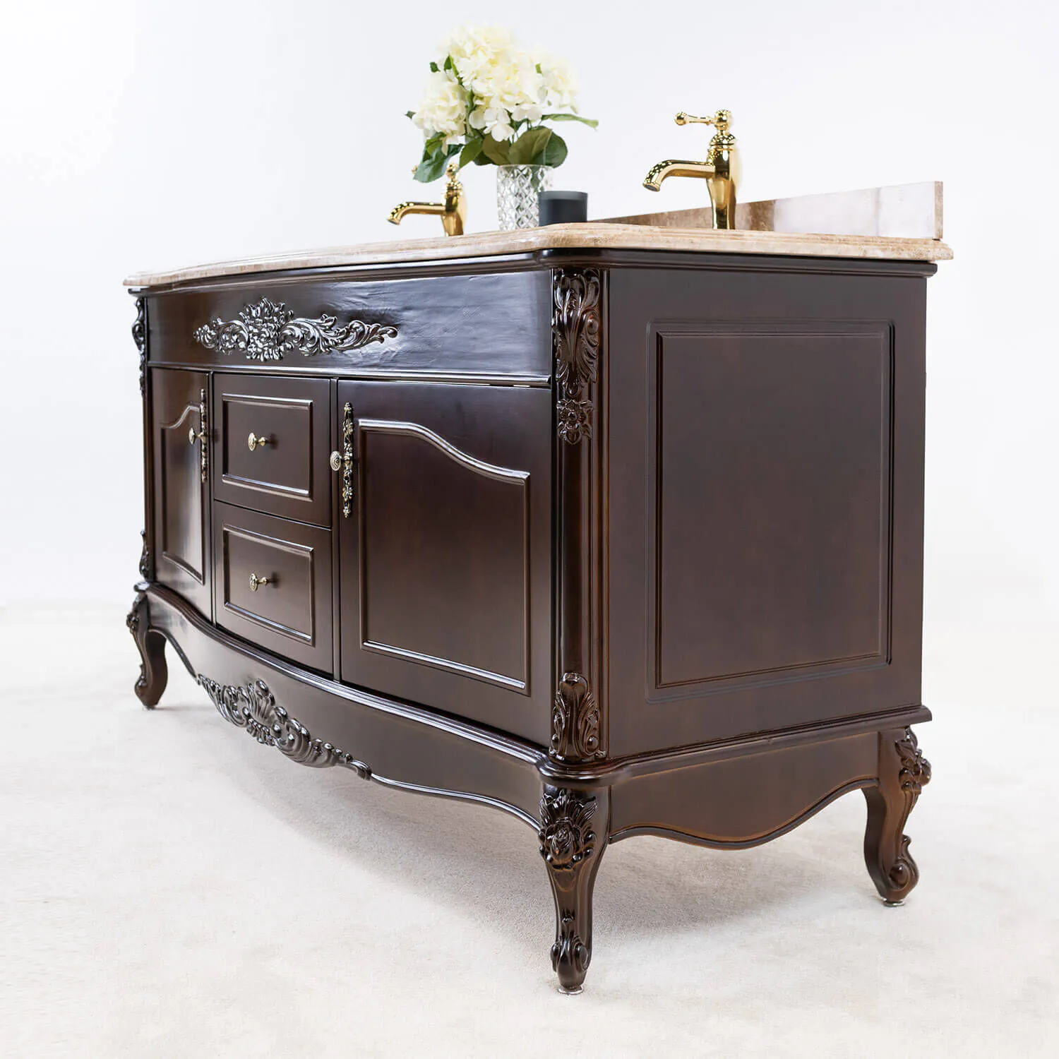 Dubbelhandfat Kommod 160cm Ottawa Mörkbrun - Beige Marmor