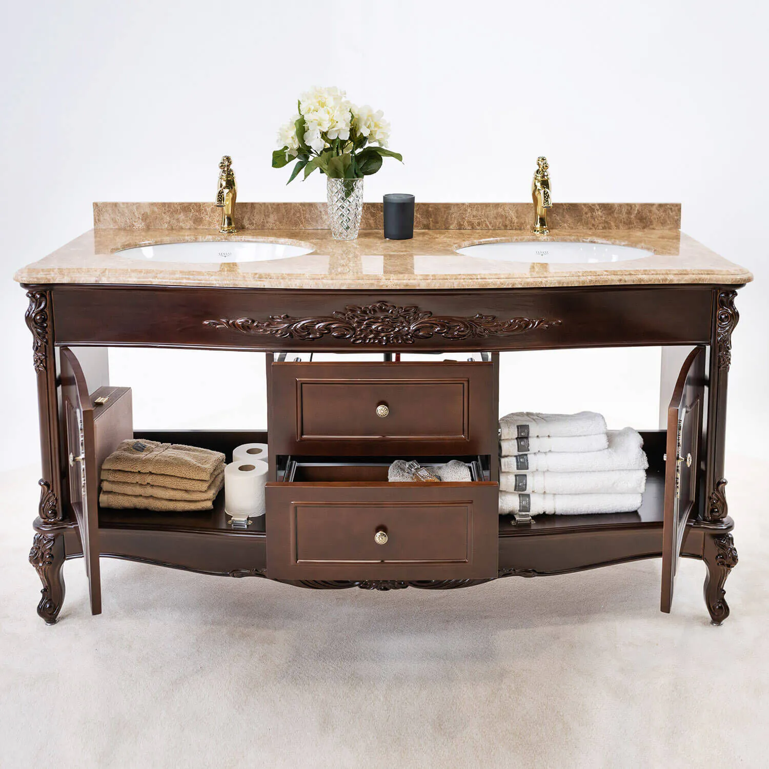 Dubbelhandfat Kommod 160cm Ottawa Mörkbrun - Beige Marmor