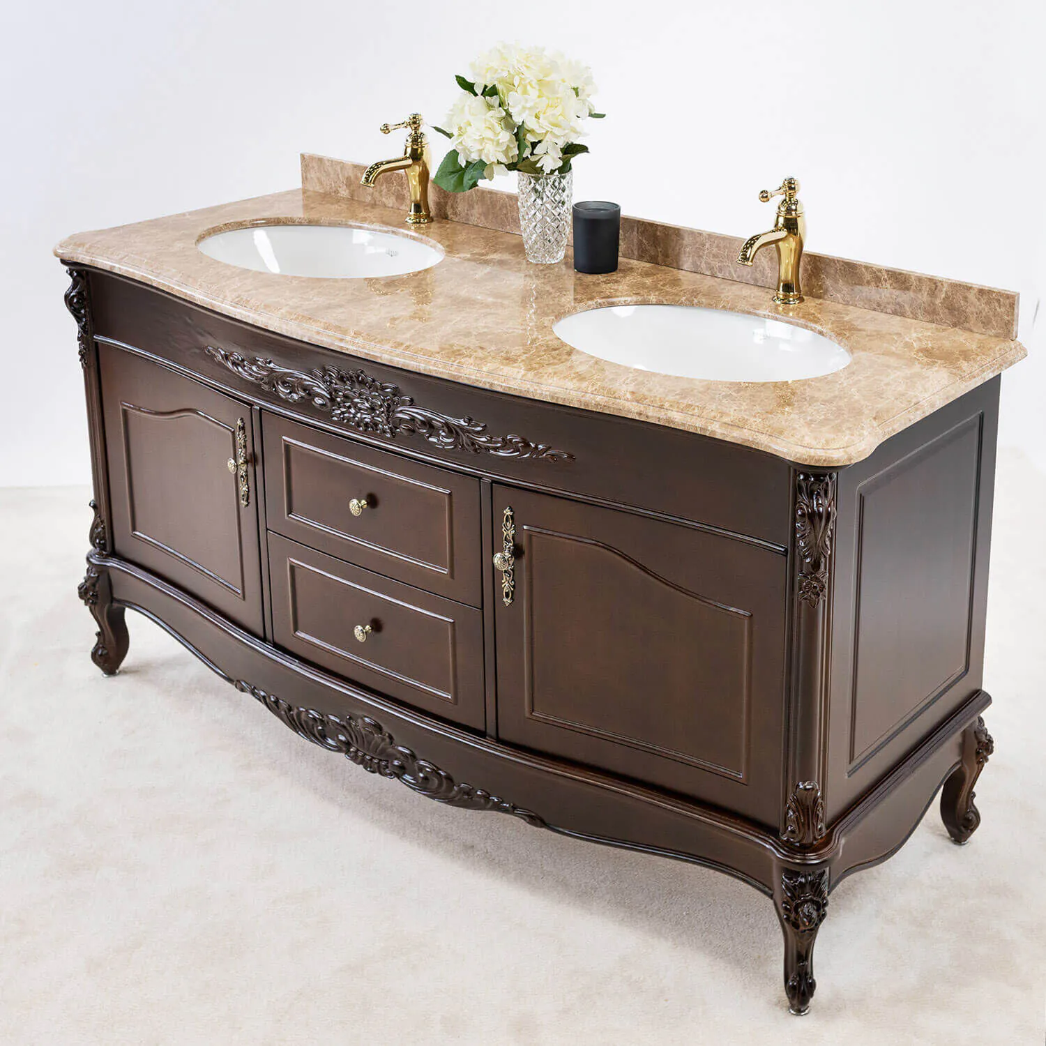 Dubbelhandfat Kommod 160cm Ottawa Mörkbrun - Beige Marmor