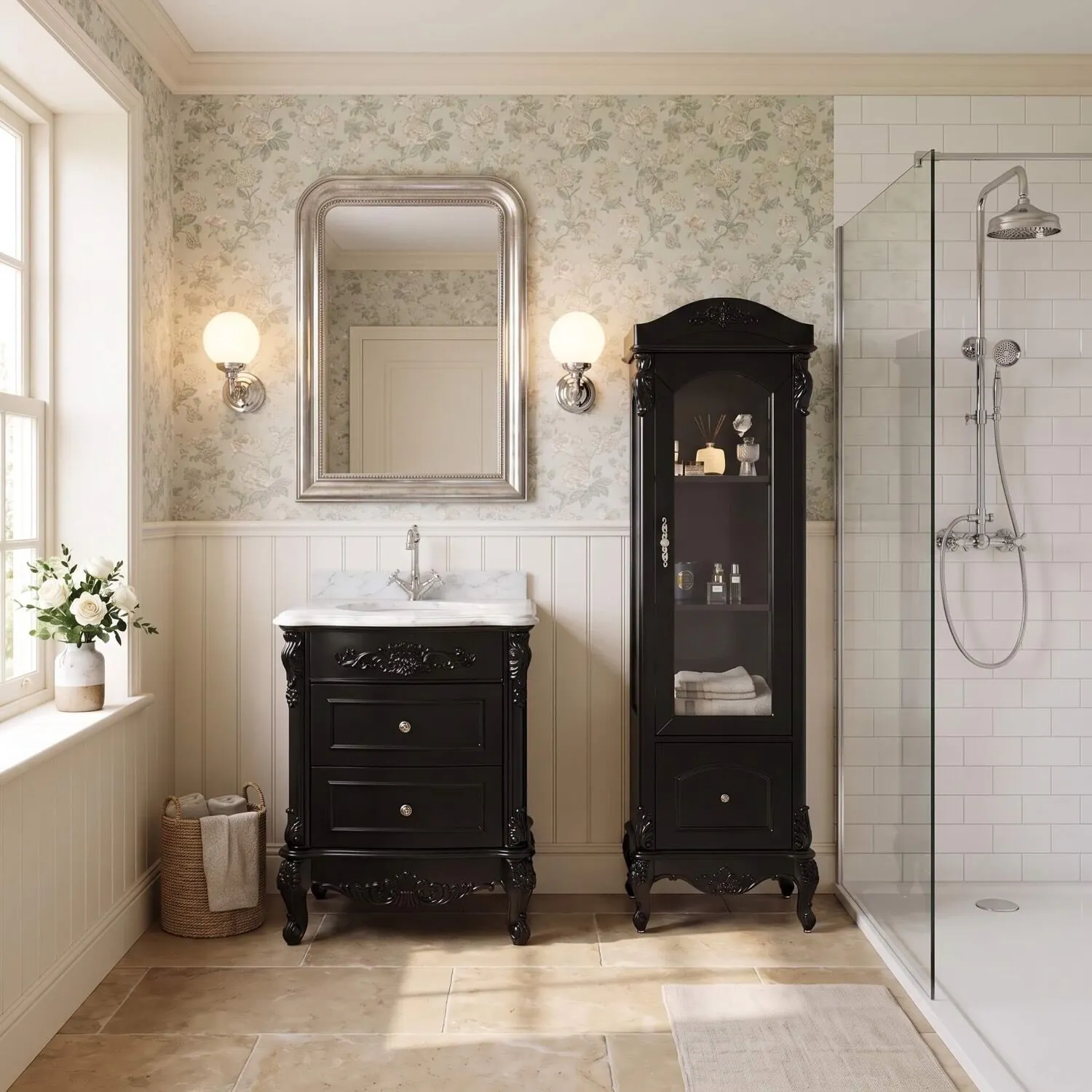 Kommod Badrum 60cm Ottawa Svart - Vit Marmor