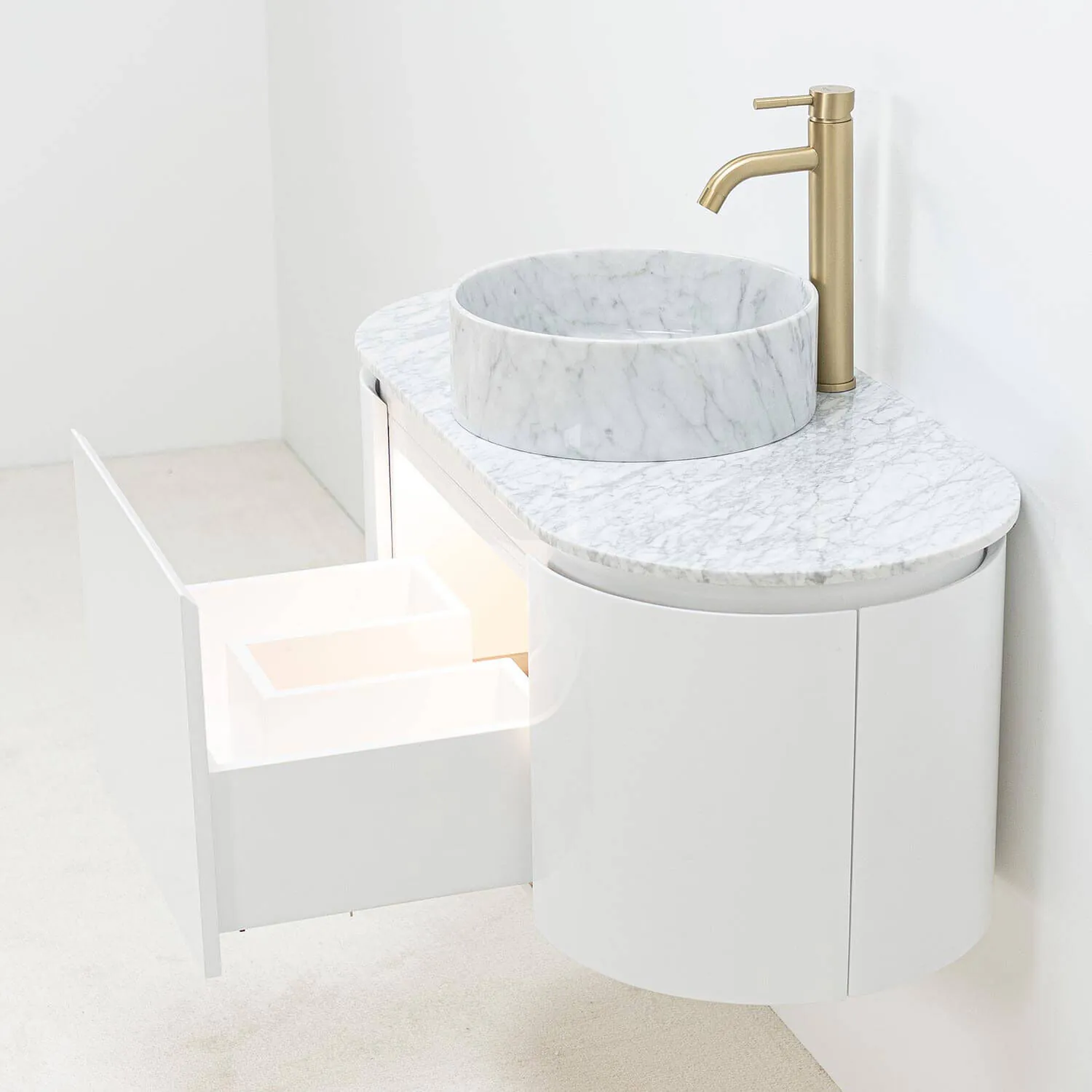Badrumskommod Vit 100cm Vit Marmor Fristående Handfat - Sandhamn