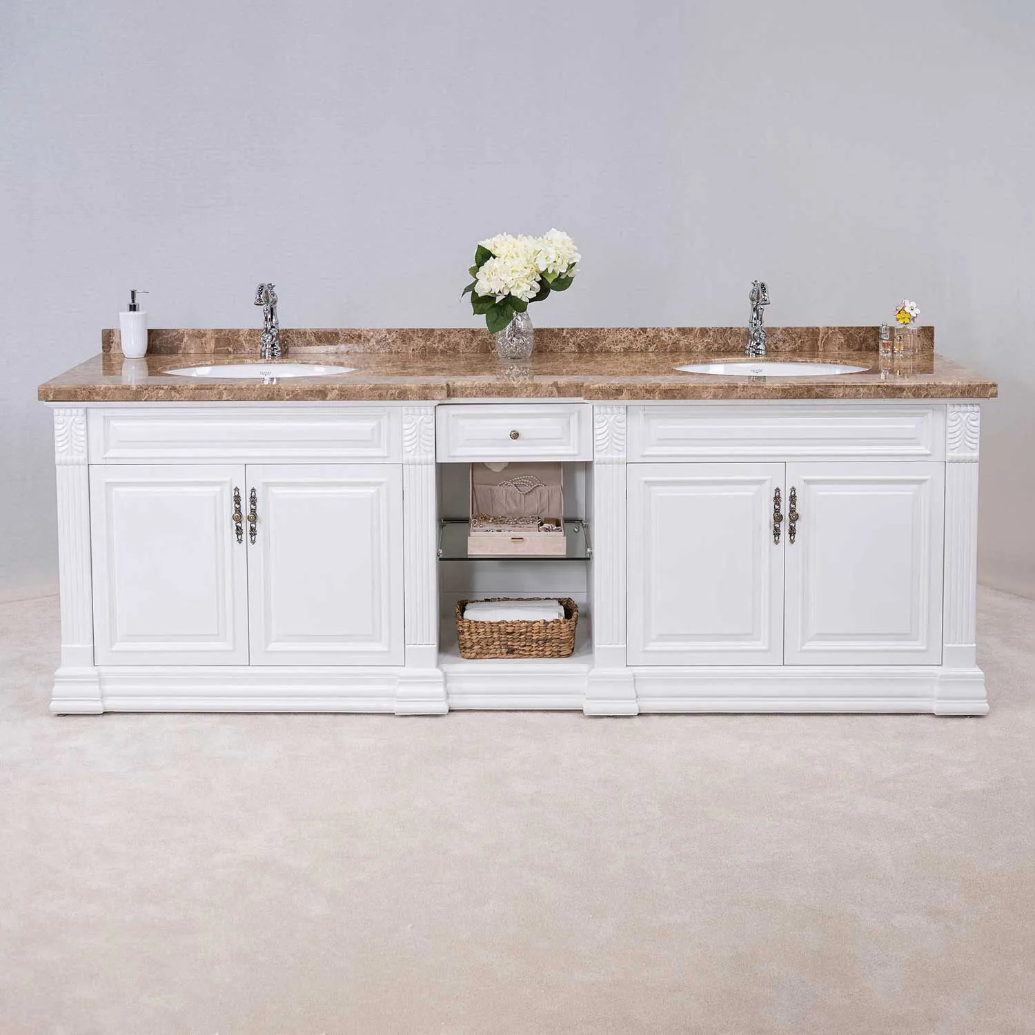 Dubbel Kommod Badrum 240cm Aspen Vit - Beige Marmor