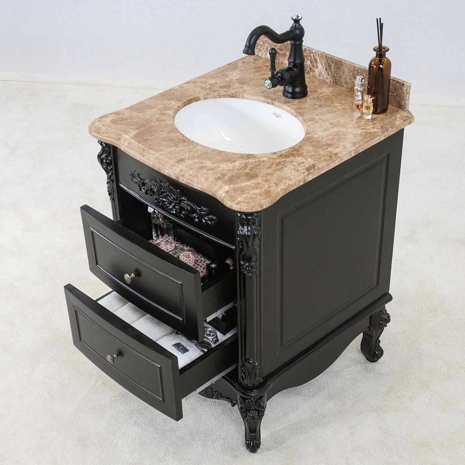 Kommod Badrum 60cm Ottawa Svart - Beige Marmor