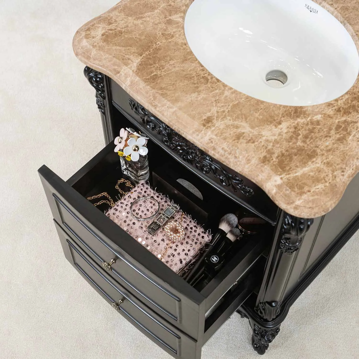 Kommod Badrum 60cm Ottawa Svart - Beige Marmor