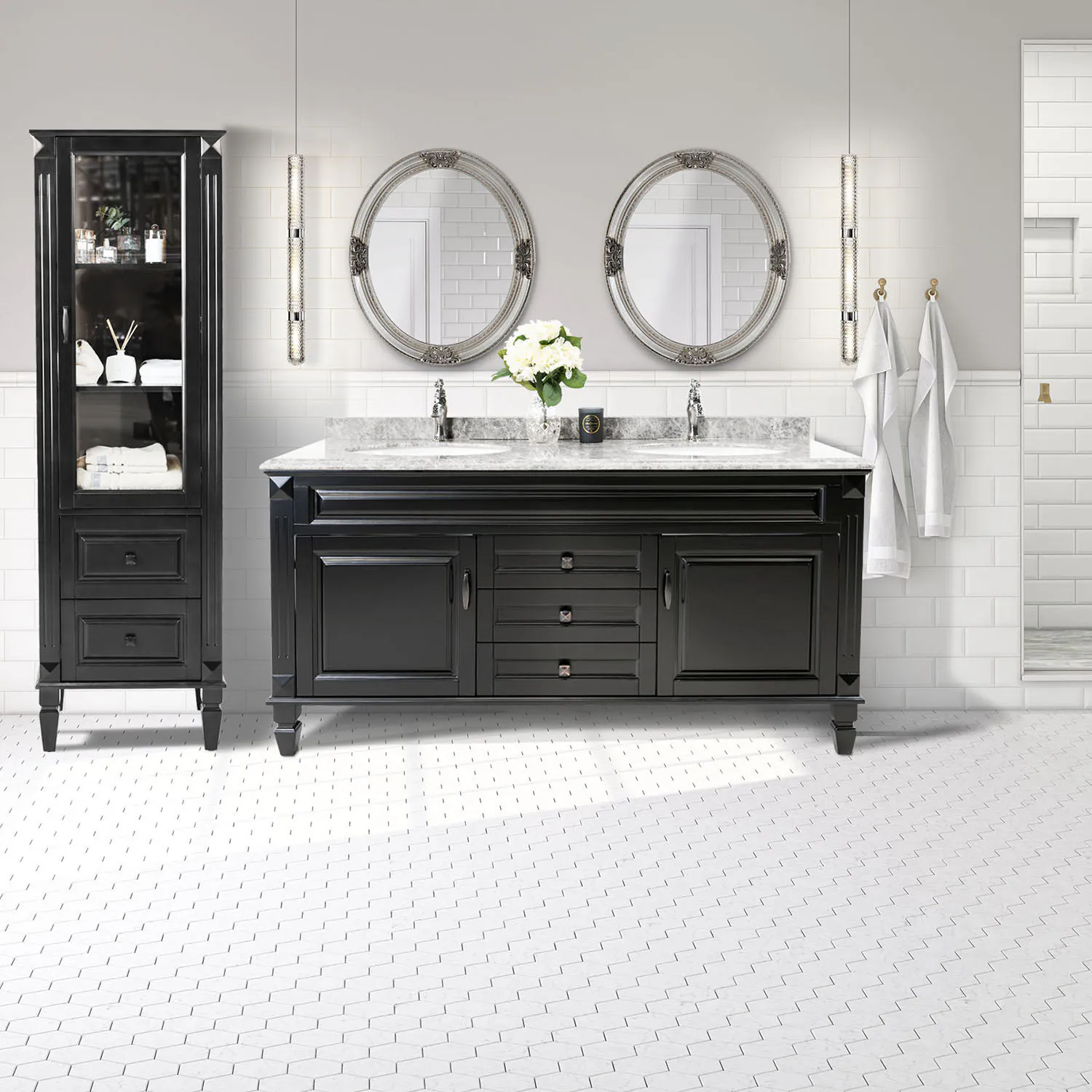 Dubbelhandfat Kommod 160cm Nashville Svart - Vit Marmor