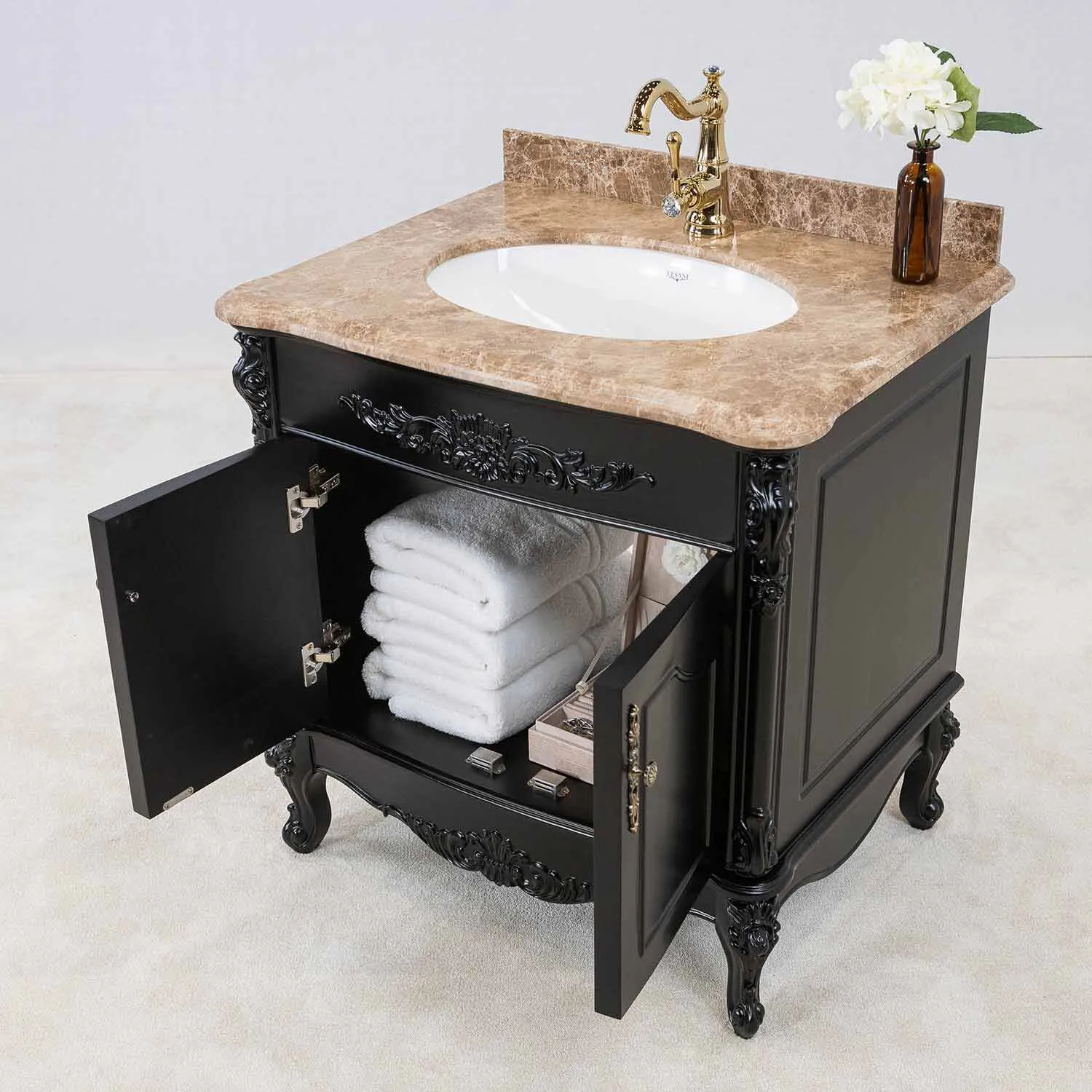Kommod Badrum 80cm Ottawa Svart - Beige Marmor