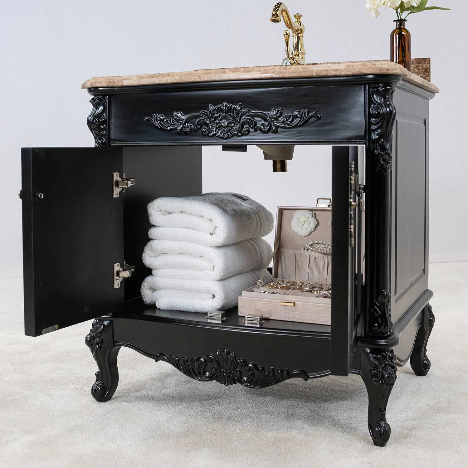 Kommod Badrum 80cm Ottawa Svart - Beige Marmor
