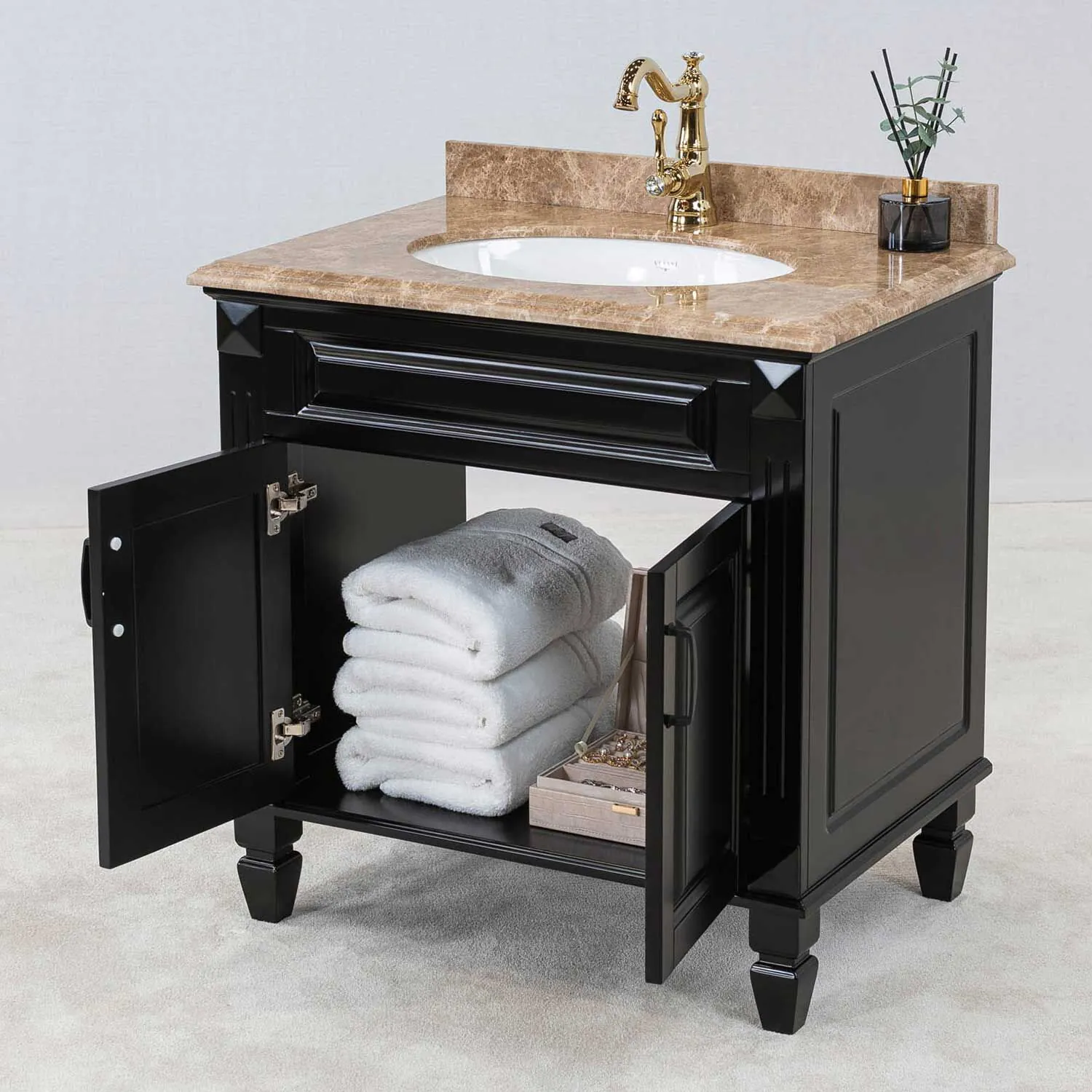 Kommod Badrum 80cm Nashville Svart - Beige Marmor