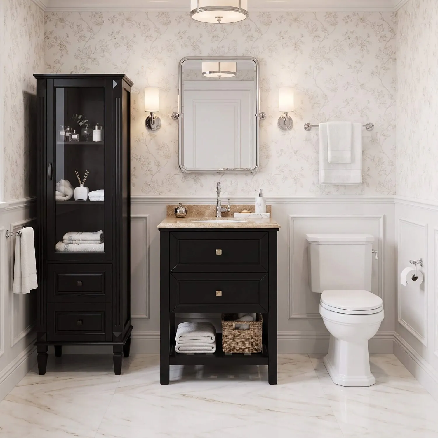 Kommod Badrum 60cm Svart Utah - Beige Marmor