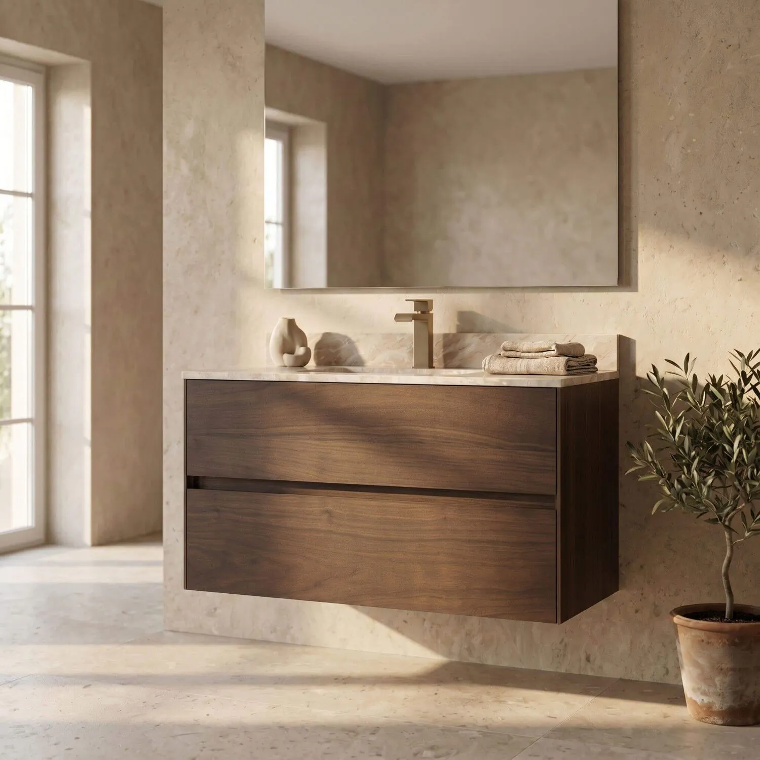 Badrumskommod Valnöt 100cm Beige Marmor - Marstrand