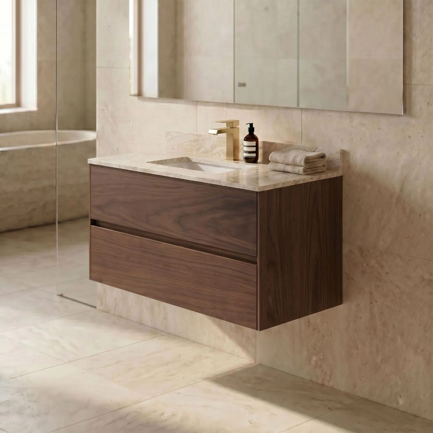 Badrumskommod Valnöt 80cm Beige Marmor - Marstrand