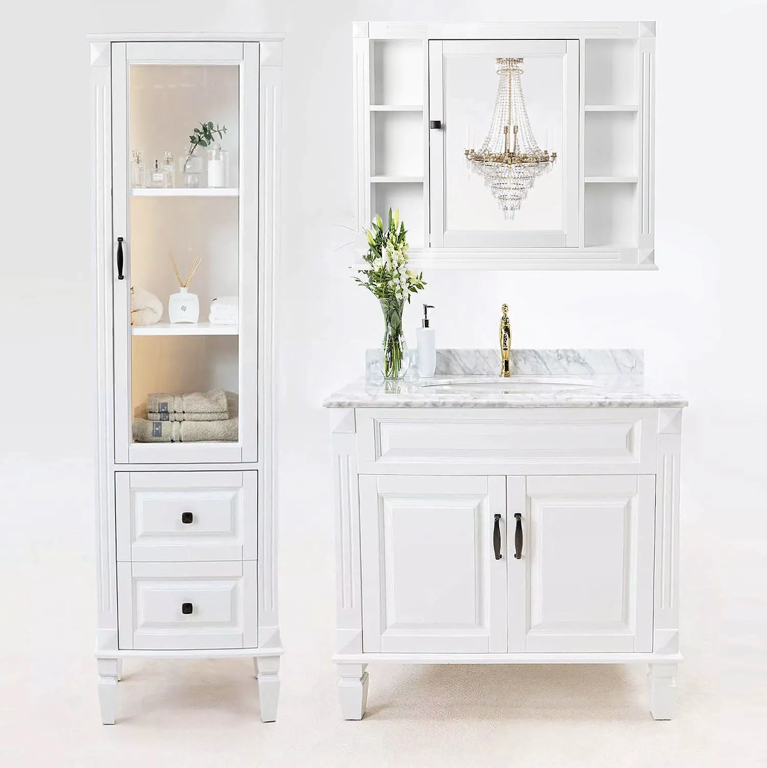 Badrumspaket Vit 80cm Kommod, Högskåp & Spegelskåp - Nashville