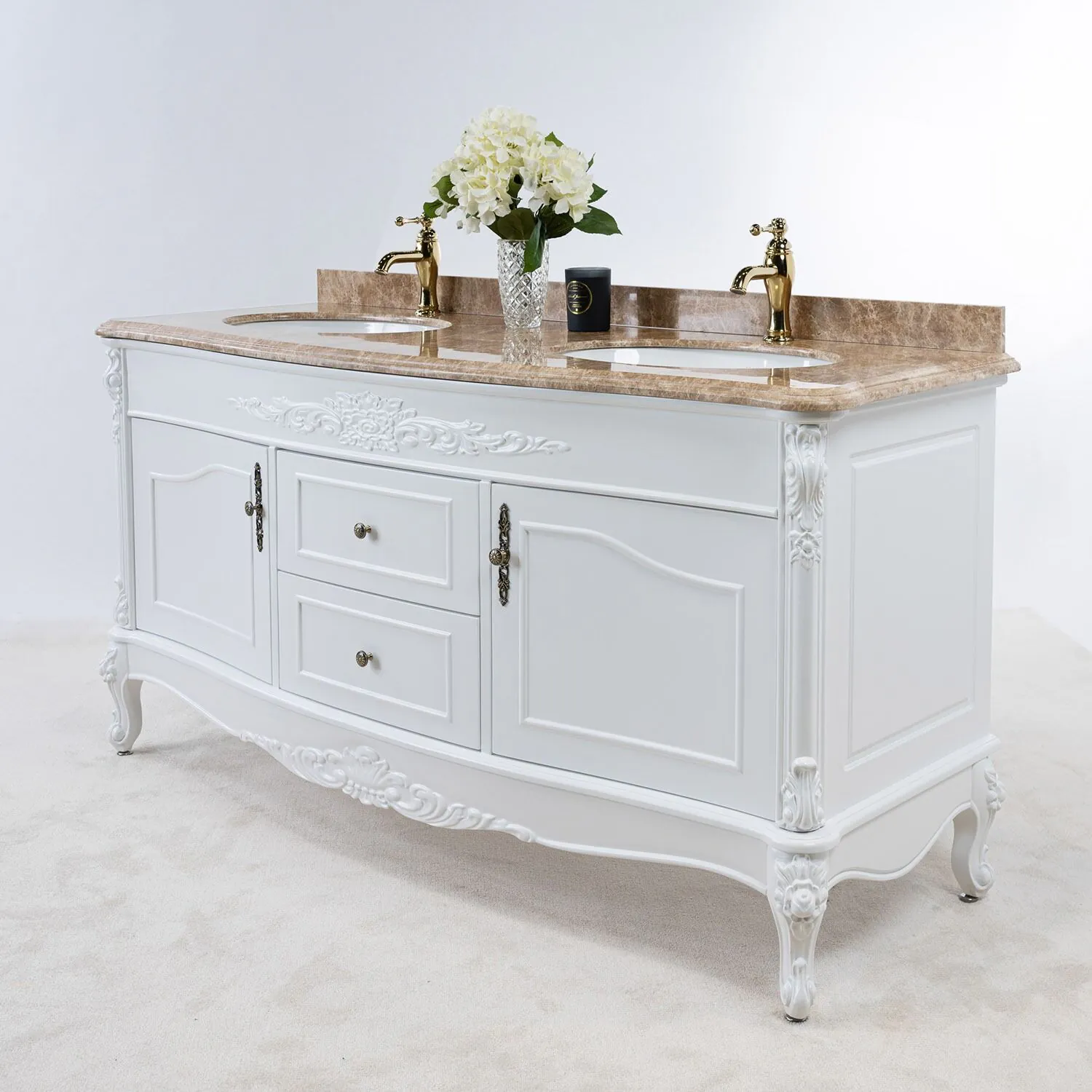Dubbelhandfat Kommod 160cm Ottawa Vit - Beige Marmor