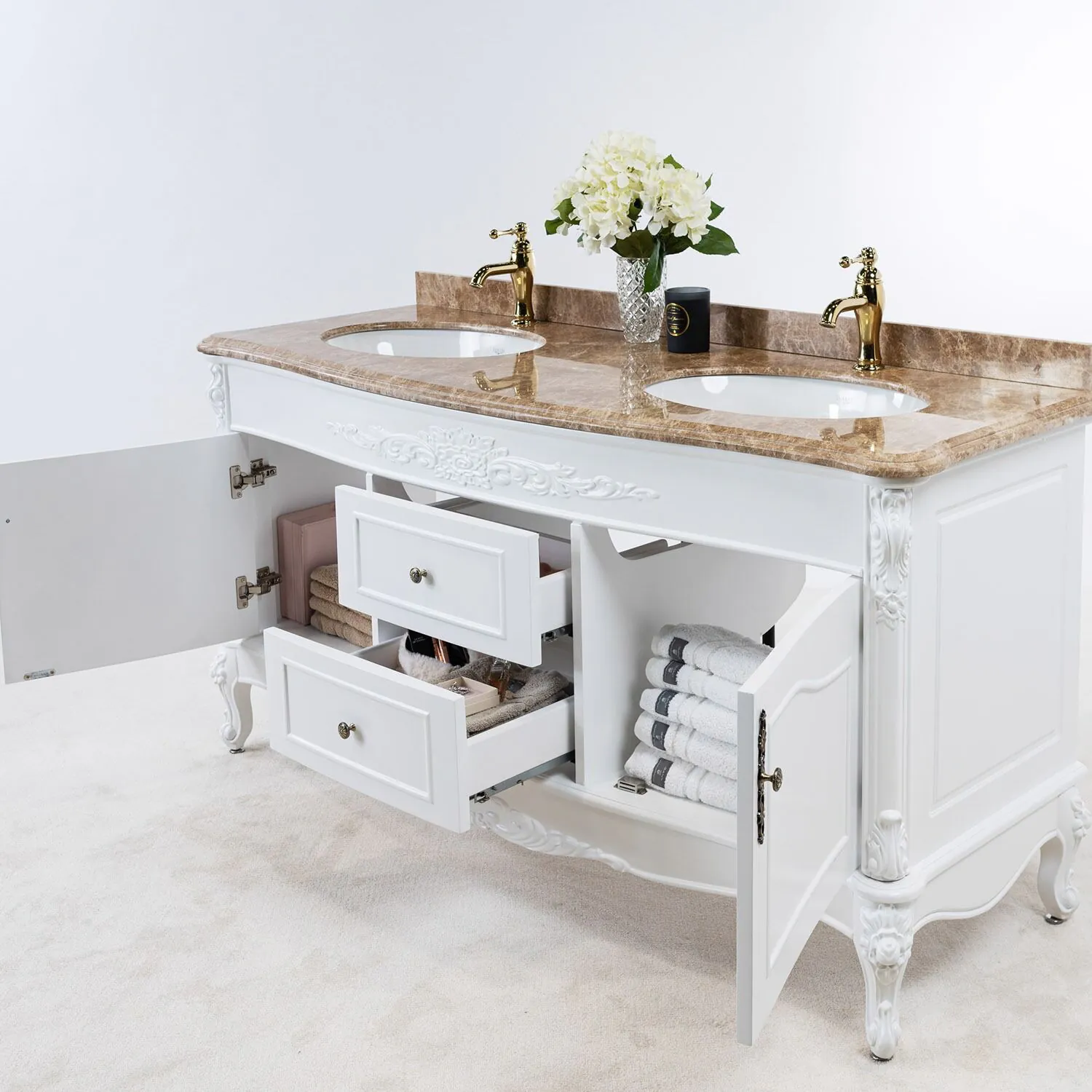 Dubbelhandfat Kommod 160cm Ottawa Vit - Beige Marmor