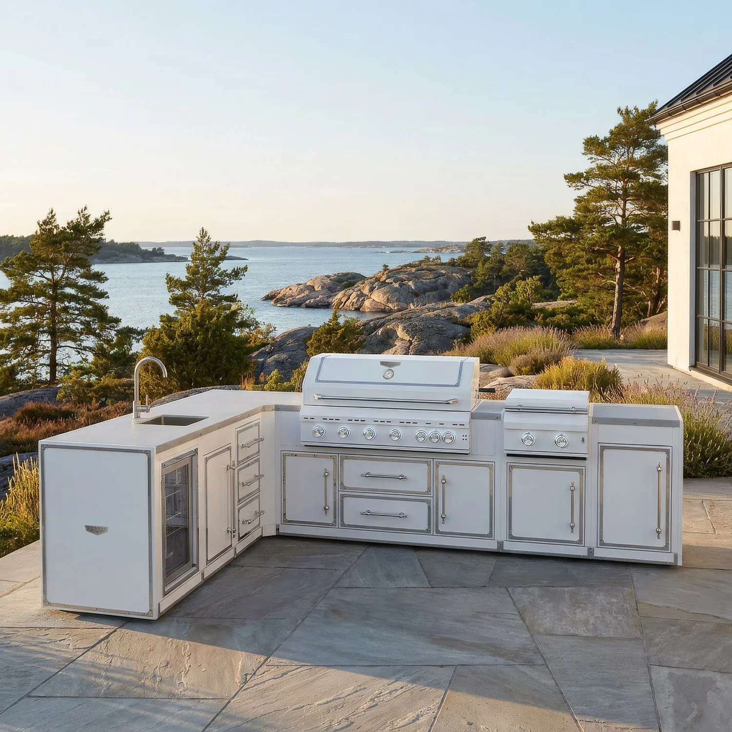 Utekök Premium 253 x 358 – vitt komplett hörnutekök med full funktion och förvaring