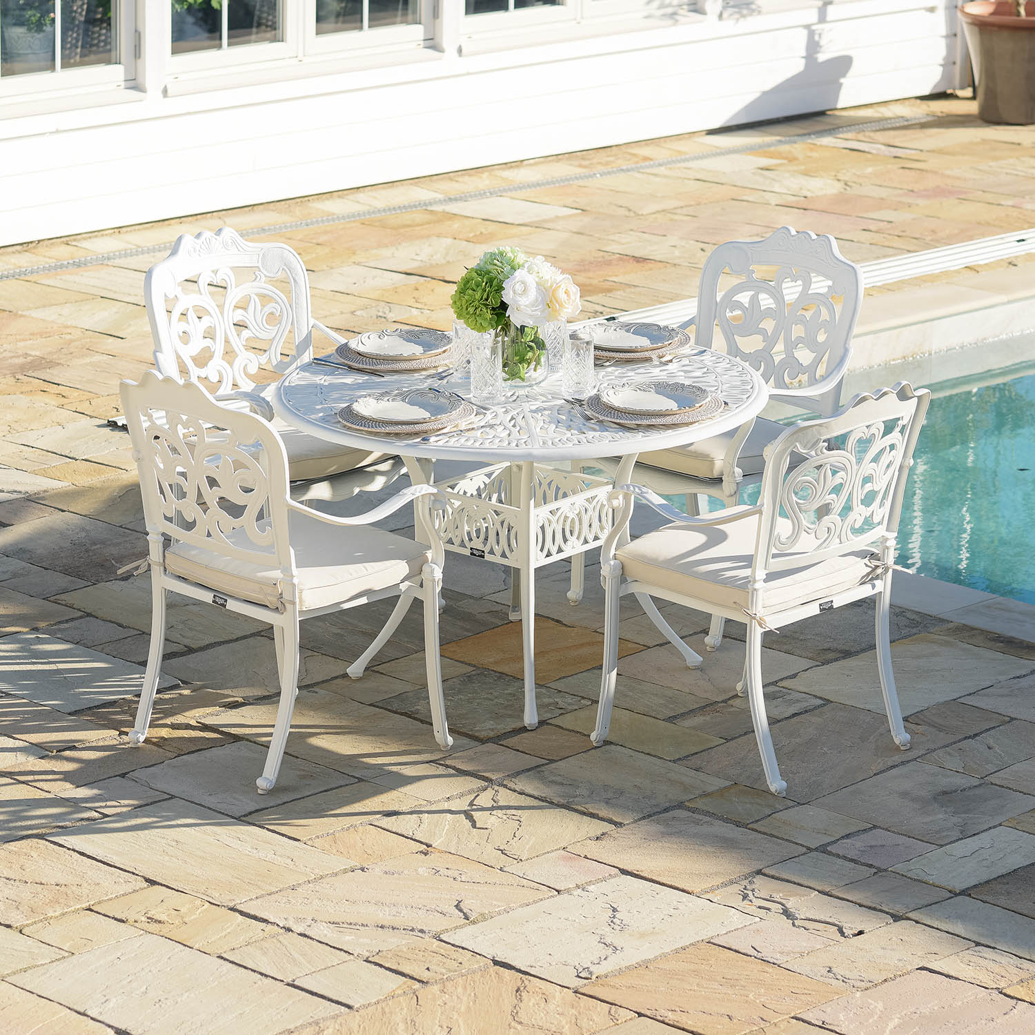 Rund Matgrupp Utomhus 4 stolar Vit Aluminium - Toscana Ø120cm