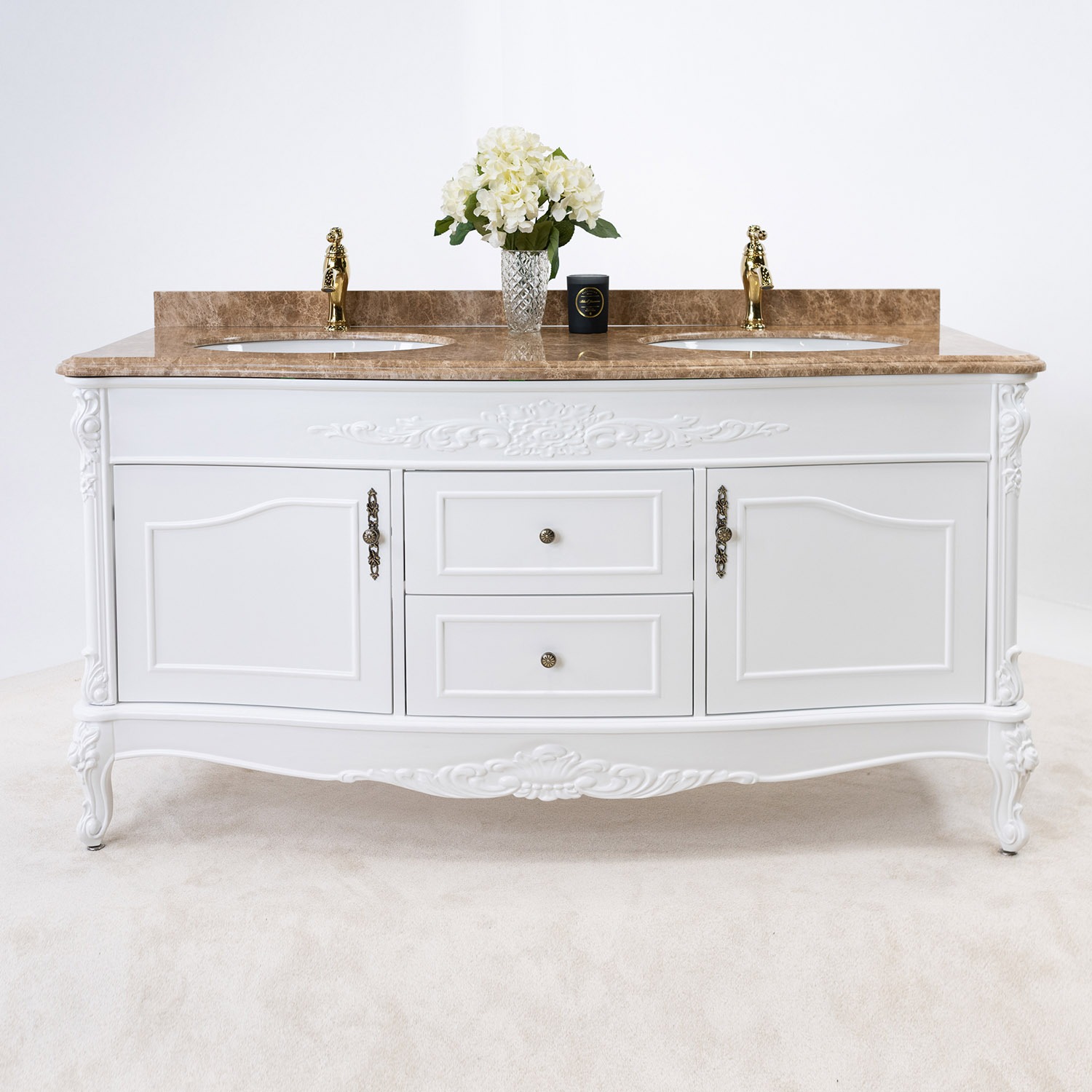Dubbelhandfat Kommod 160cm Ottawa Vit - Beige Marmor | Dubbelkommod | Badrumsmöbler | Vesani