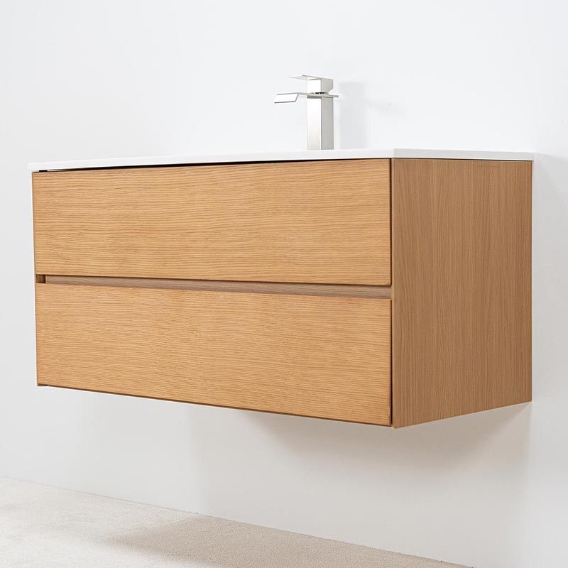 Modern kommod i ek med helgjutet tvättställ Kommod 100cm i ek med helgjutet tvättställ