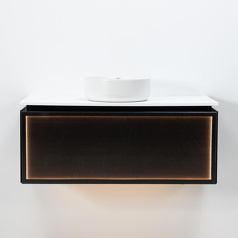 Kommod 100 cm Dallas med rillat glas och valnöts kulör med ovanpåliggande handfat i porslin