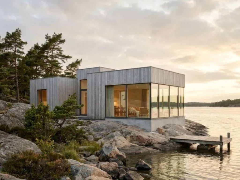 Modern skärgårdsstuga vid vattnet med stora glaspartier