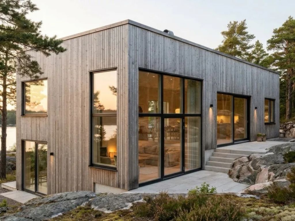 Trä villa med svarta stora fönsterpartier