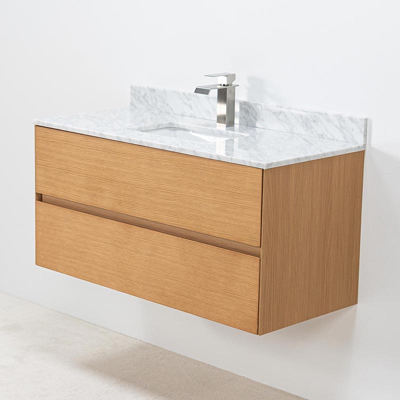 Modern kommod i ek med vit marmor tvättställ Kommod 100cm i ek med bänkskiva i vit marmor