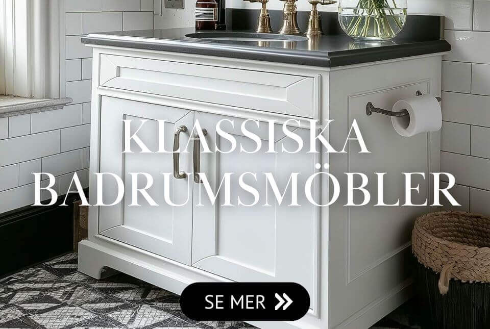 Vit badrumsmöbel Wyoming, perfekt för sekelskiftsinspirerande hem Klassiska badrumsmöbler i massiv trä och äkta marmor