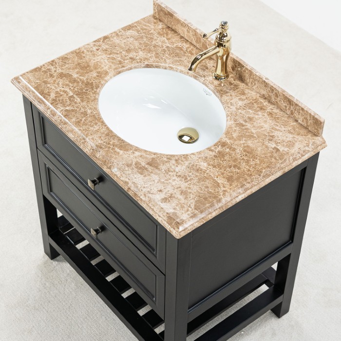 Kommod Badrum 80cm Svart Utah - Beige Marmor Svart badrumskommod med beige marmorskiva 80 cm