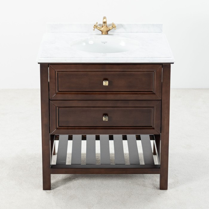 Brun Badrumskommod 80 cm Med Tvättställ Vit Marmor - Utah Brun badrumskommod med vit marmorskiva 80 cm