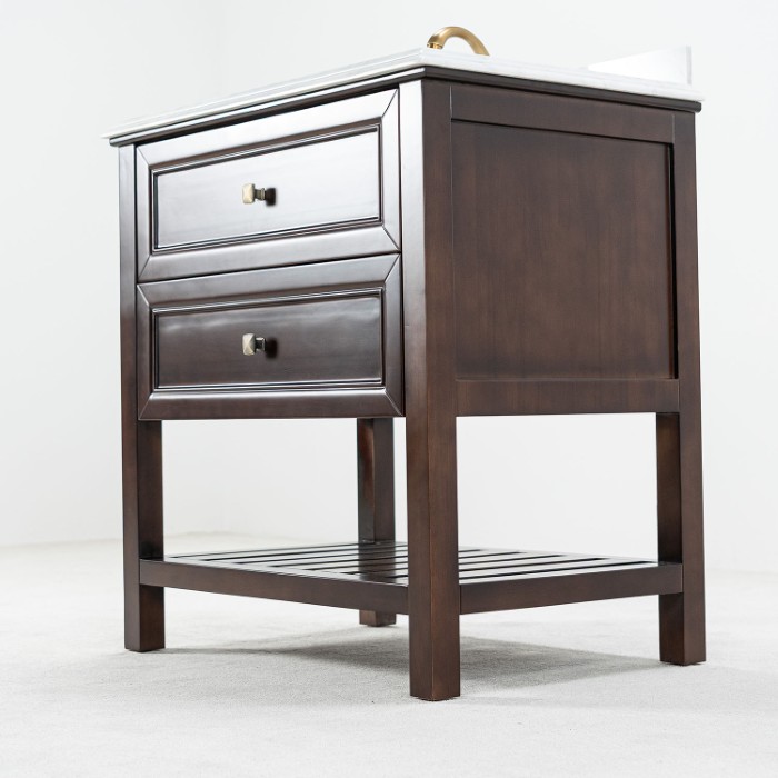 Brun Badrumskommod 80 cm Med Tvättställ Vit Marmor - Utah Brun badrumskommod med vit marmorskiva 80 cm