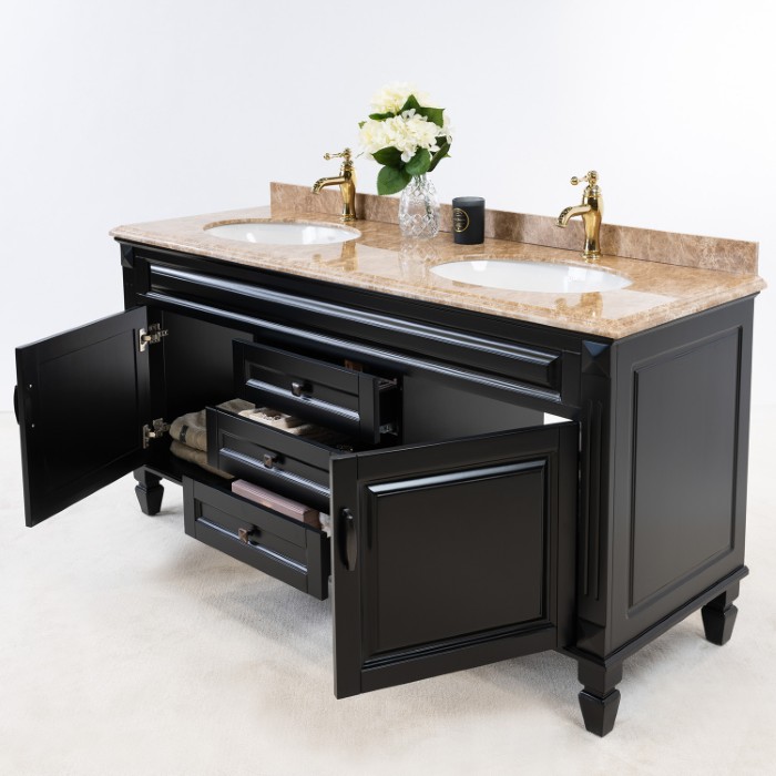 Svart Badrumskommod Dubbel 160 cm Beige Marmor Nashville Badrumsmöbel 160cm