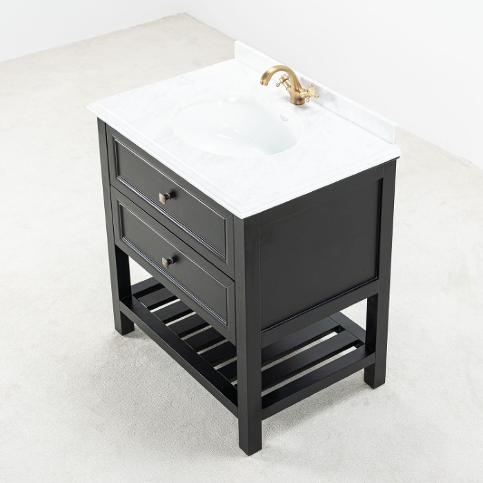 Svart Badrumskommod 80 cm Med Tvättställ Vit Marmor - Utah Svart badrumskommod med vit marmorskiva 80 cm