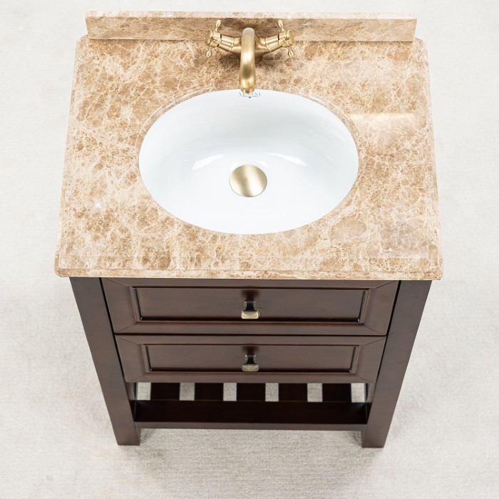 Brun Badrumskommod 60 cm Med Tvättställ Beige Marmor - Utah Brun badrumskommod med beige marmorskiva 60 cm