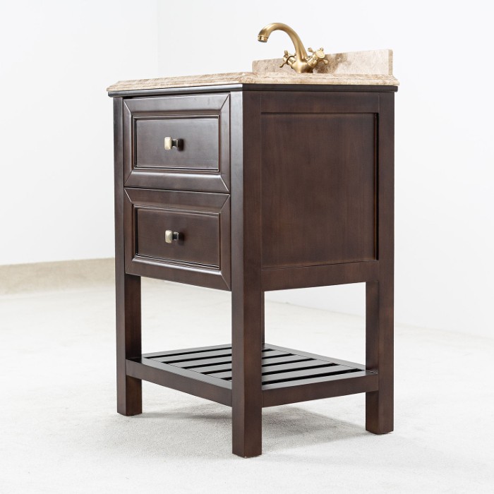 Brun Badrumskommod 60 cm Med Tvättställ Beige Marmor - Utah Brun badrumskommod med beige marmorskiva 60 cm