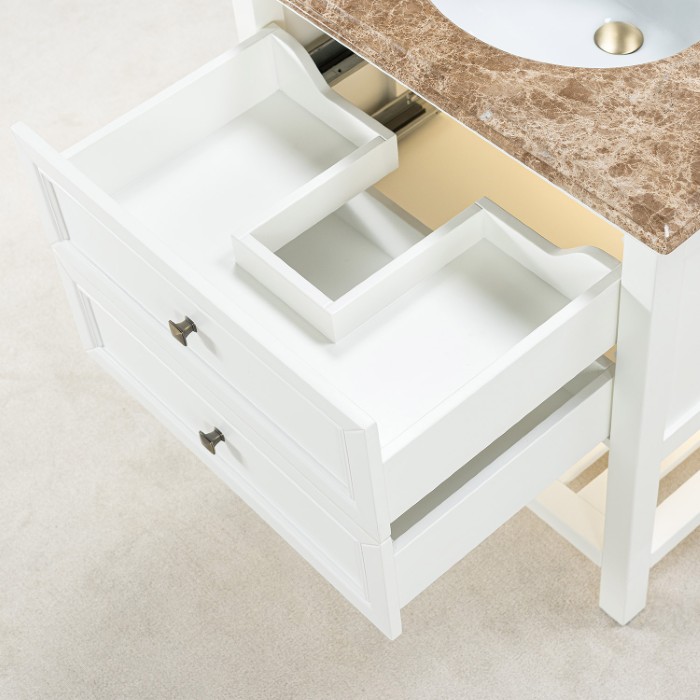 Kommod Badrum 80cm Vit Utah - Beige Marmor Vit badrumskommod med beige marmorskiva 80 cm
