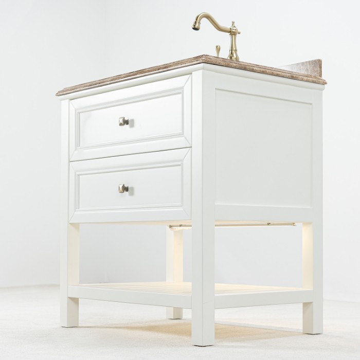 Kommod Badrum 80cm Vit Utah - Beige Marmor Vit badrumskommod med beige marmorskiva 80 cm