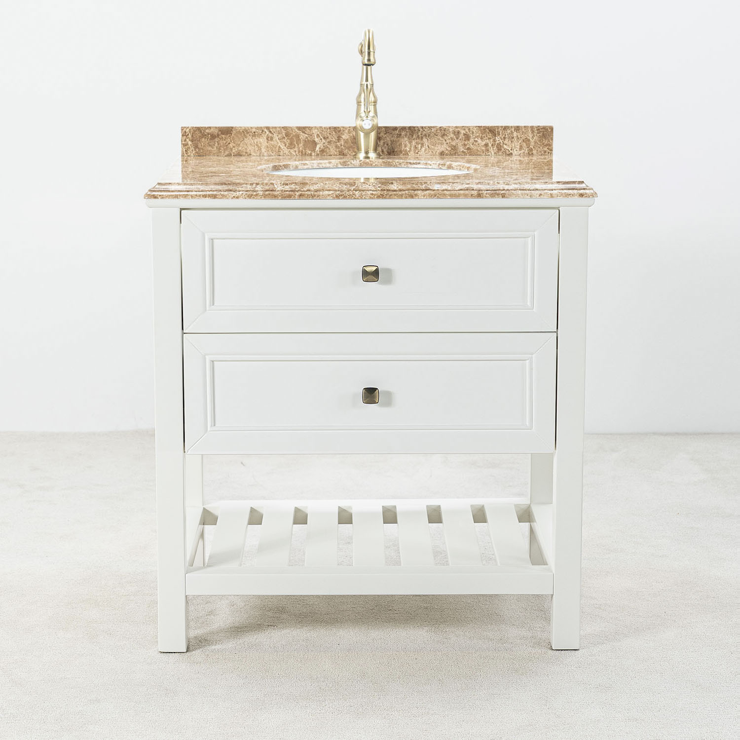 Kommod Badrum 80cm Vit Utah - Beige Marmor Vit badrumskommod med beige marmorskiva 80 cm