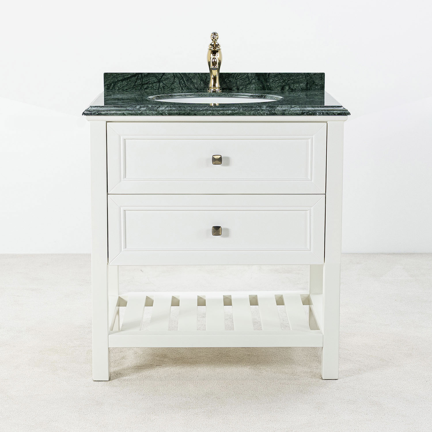 Vit Badrumskommod 80 cm Med Tvättställ Grön Marmor - Utah Vit badrumskommod med grön marmorskiva 80 cm