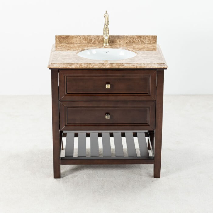 Brun Badrumskommod 80 cm Med Tvättställ Beige Marmor - Utah Brun badrumskommod med beige marmorskiva 80 cm