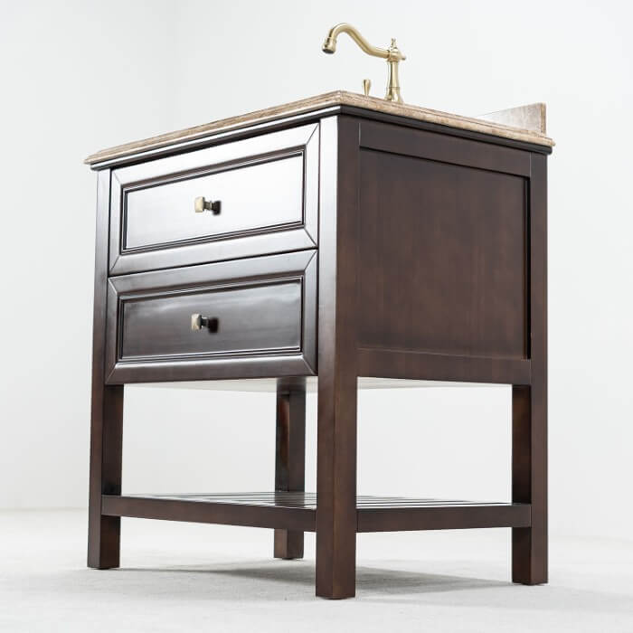 Brun Badrumskommod 80 cm Med Tvättställ Beige Marmor - Utah Brun badrumskommod med beige marmorskiva 80 cm