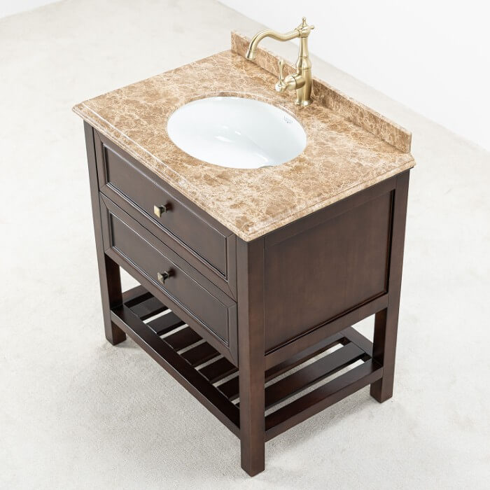 Brun Badrumskommod 80 cm Med Tvättställ Beige Marmor - Utah Brun badrumskommod med beige marmorskiva 80 cm