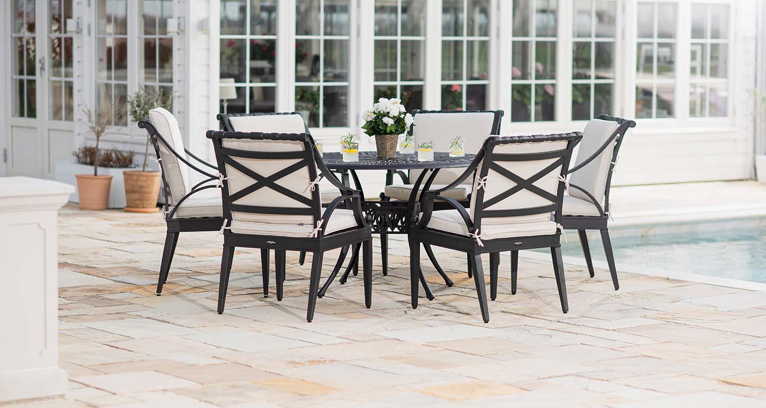 utemöbler rund matgrupp 6 stolar i svart aluminium med Ø120cm runt matbord - Amalfi